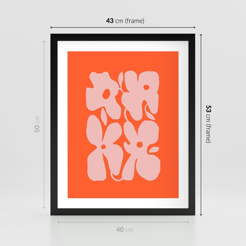 Plakat w ramie 40x50 - Taniec Abstrakcji - kwiaty, energetyczne pomarańczowe tłó - rama czarna
