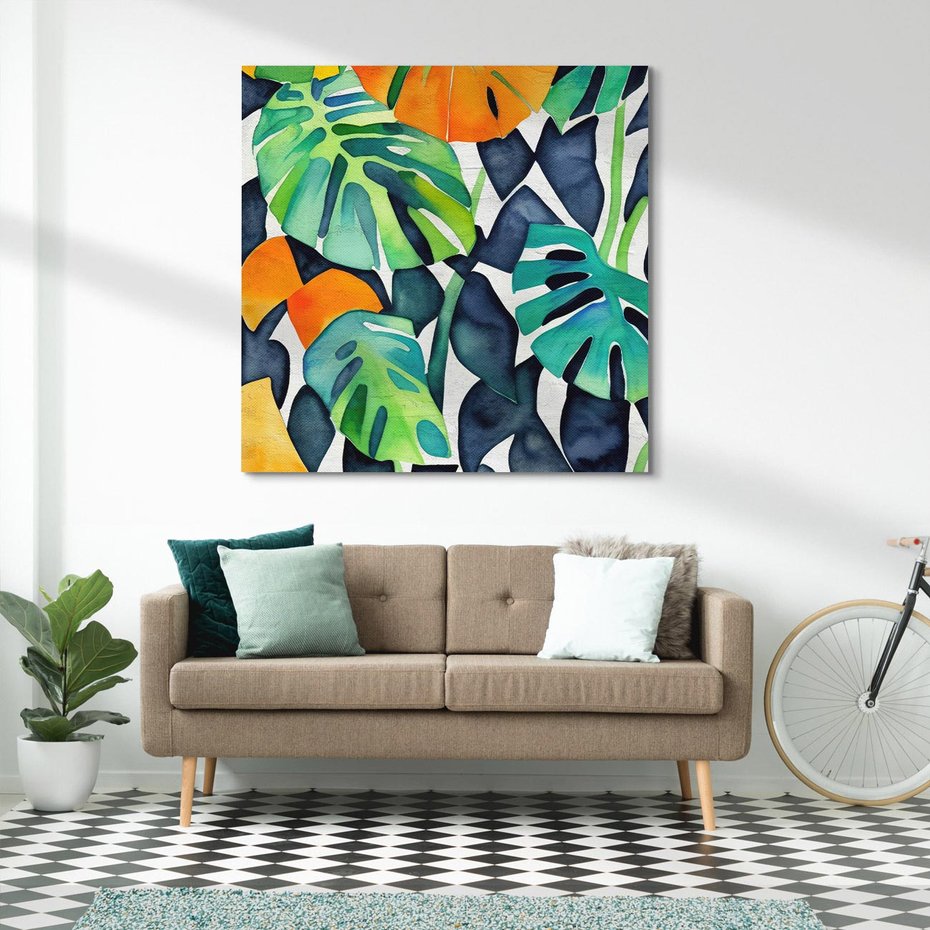 Obraz na płótnie 40x40 - Tropikalne Pragnienia - akwarela, liście tropikalne