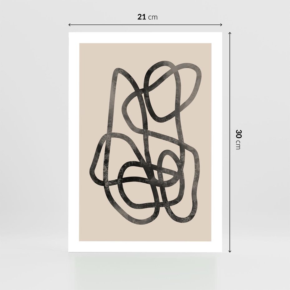 Plakat bez ramy 21x30 - Przenikanie Wirtualnych Wymiarów - zaplątane minimalistyczne linie, na bezowym tle