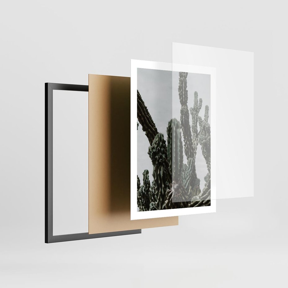 Plakat w ramie 50x70 - Boho oaza wśród kaktusów - kaktusy, pustynia - rama czarna
