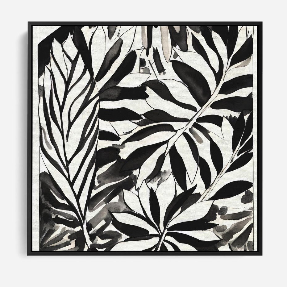 Obraz w ramie 50x50 - Czarne Liście - akwarelowy obraz, czarno biały - rama czarna