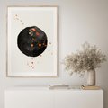 Plakat w ramie 50x70 - Wnętrza Marzeń - abstrakcyjna czarna plama, rozsiane pomarańczowe kropki - rama drewno