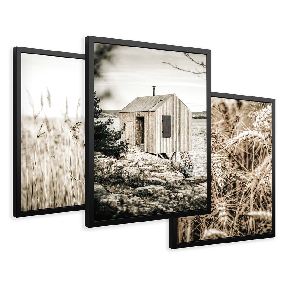 Zestaw obrazy w ramie 30x40 galeria - Lato, pola, pszenicy, chatka, boho - rama czarna