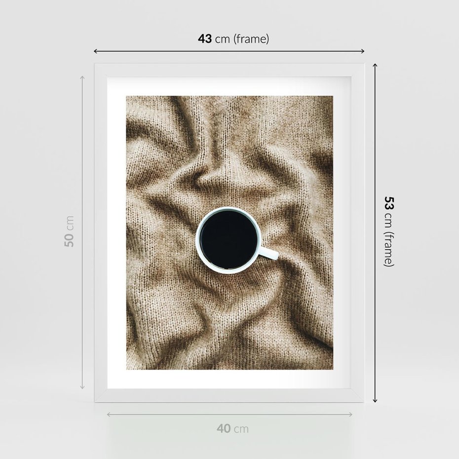 Plakat w ramie 40x50 - Filiżanka Kawy na Brązowym Kocu - kawa, czarna kawa - rama biała