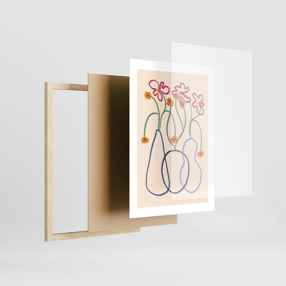 Plakat w ramie 30x40 - Migocące Pastelowe Impresje - minimalistyczny abstrakcyjny obraz, prymitywne kwiatki - rama drewno