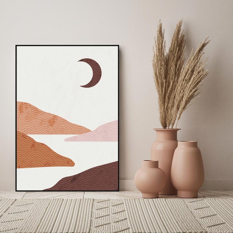 Obraz w ramie 50x70 - Księżycowa Refleksja - nowoczesna sztuka, góry - rama czarna