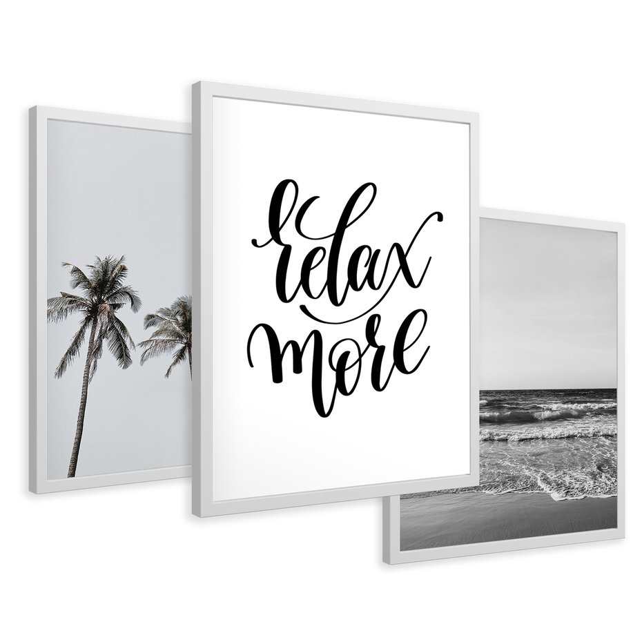 Zestaw obrazy w ramie 40x50 galeria - Plaża, palmy, relaks, typografia - rama biała