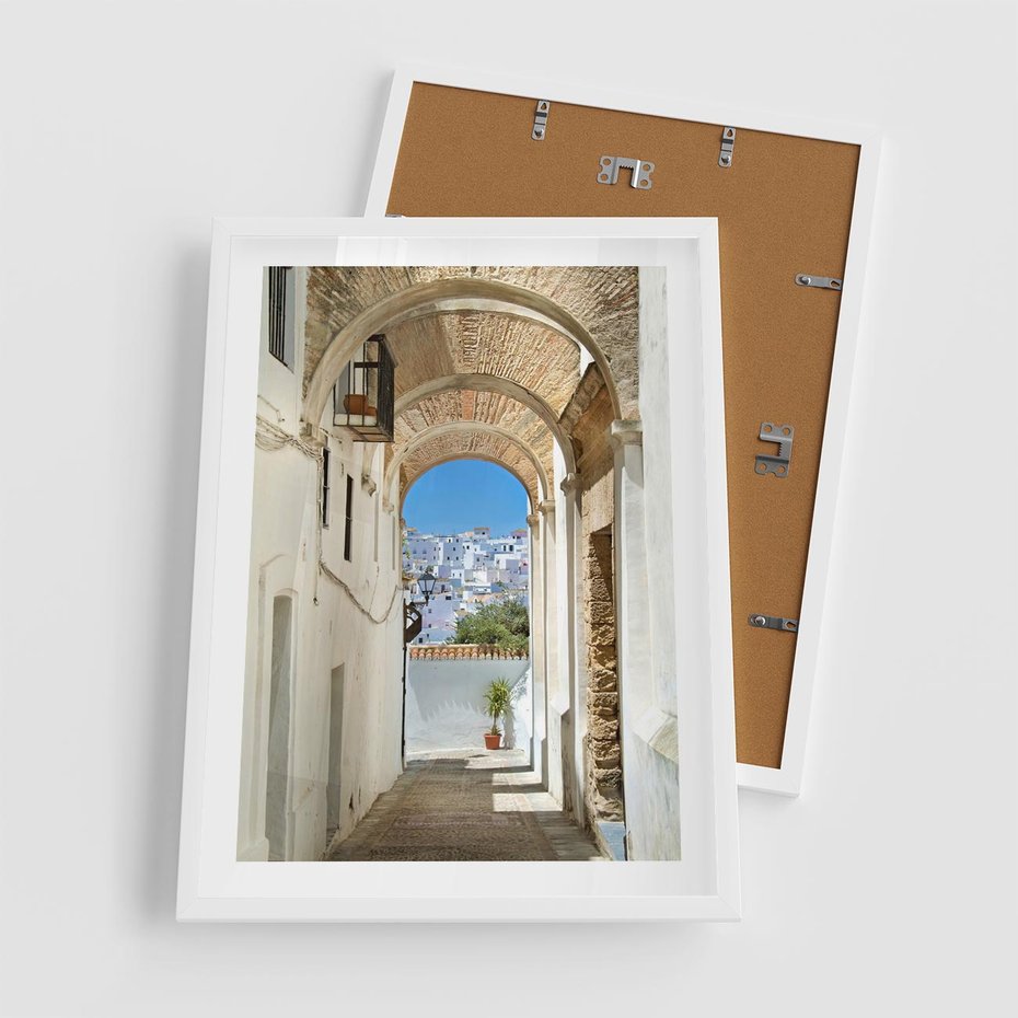 Plakat w ramie 50x70 - Romantyczna Przeprawa - romantyczna, uliczka - rama biała