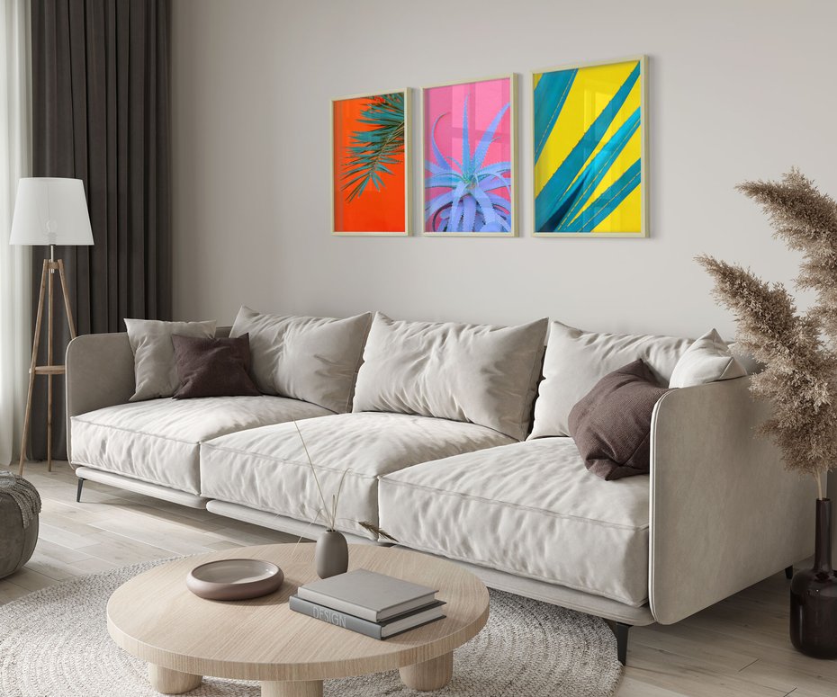 Zestaw obrazy w ramie 50x70 galeria - Liście, rośliny, aloes, neonowe - rama drewno