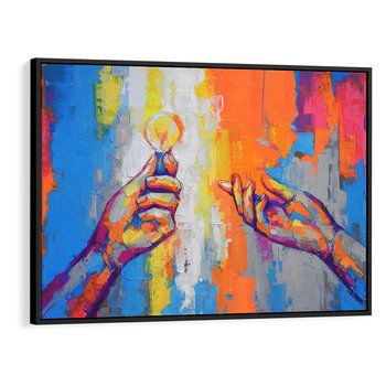 Obraz w ramie 70x50 - Refrakcje wewnętrznego światła - abstrakcyjne dzieło, dłoń trzyma żarówkę - rama czarna