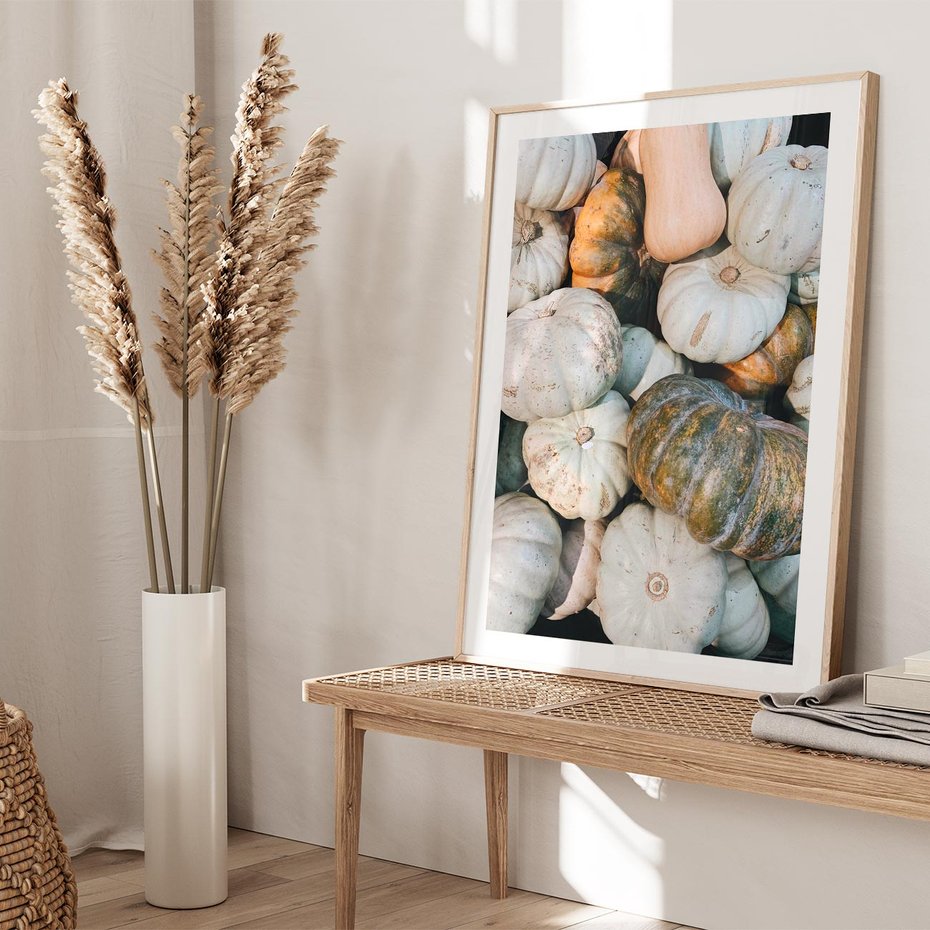 Plakat w ramie 40x50 - Minimalizm Jesieni - dynie, białe - rama drewno