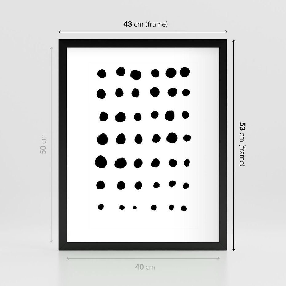 Plakat w ramie 40x50 - Refleksje Światła - minimalistyczna kompozycja, czarne kropkina białym tle - rama czarna