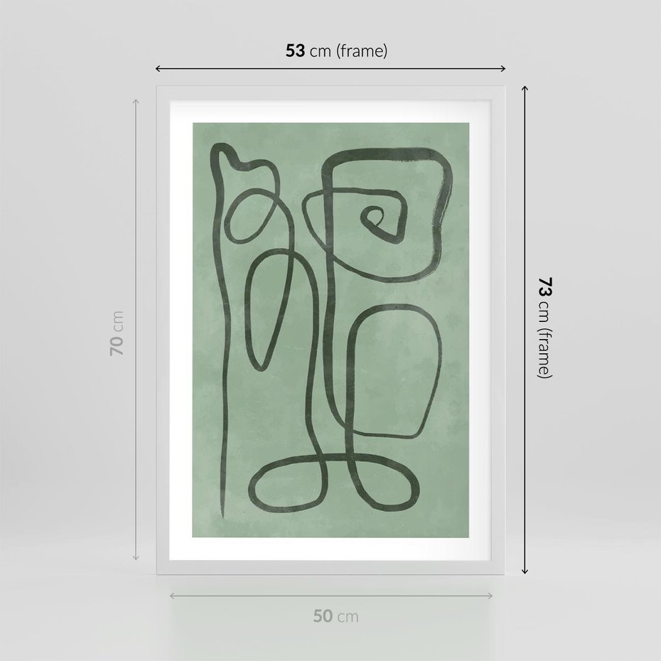 Plakat w ramie 50x70 - Zielone Wariacje w Liniach - abstrakcyjne zielone linie, skandynawski design - rama biała