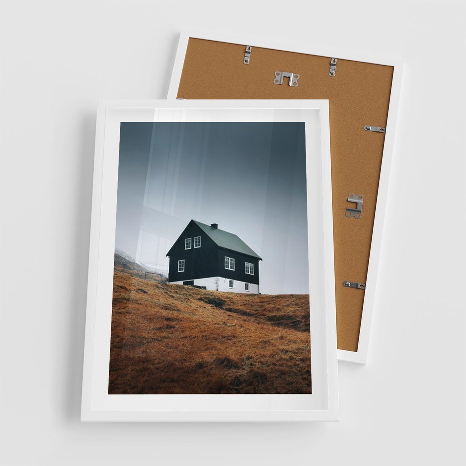 Plakat w ramie 50x70 - Ciepło i Przytulność - skandynawski, domek - rama biała