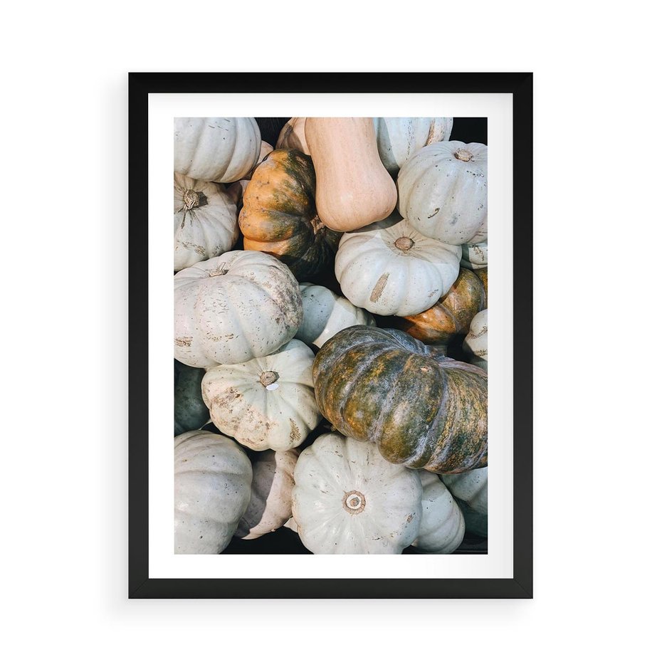 Plakat w ramie 50x70 - Minimalizm Jesieni - dynie, białe - rama czarna