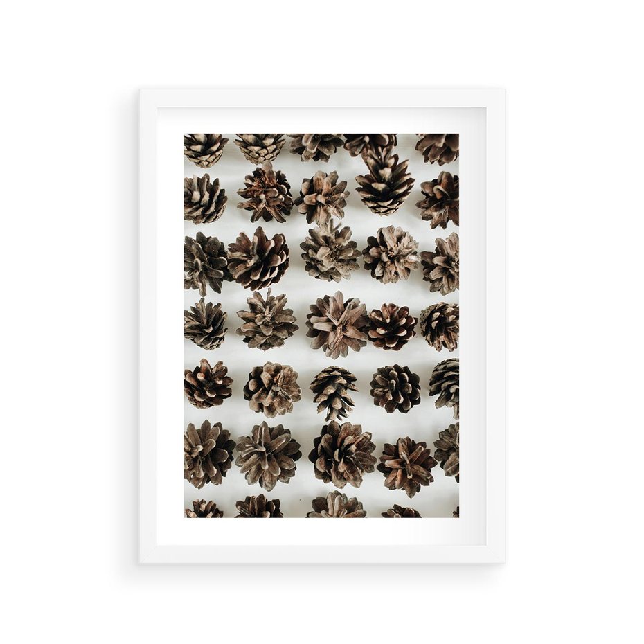 Plakat w ramie 30x40 - Jesienna Tekstura - kompozycja z suchych szyszek, jesienne szyszki - rama biała