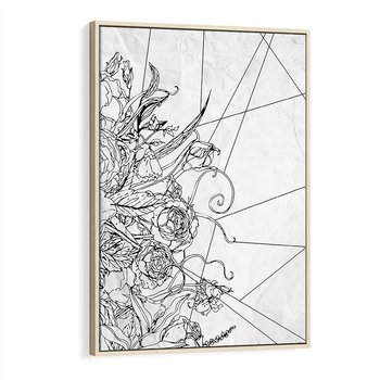 Obraz w ramie 80x120 - Refleksje w martwym punkcie - graficzny szkic, kompozycja kwiatów - rama drewno