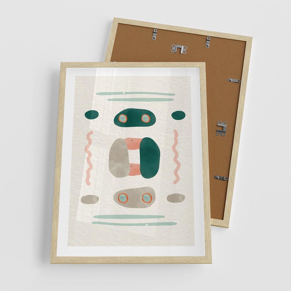 Plakat w ramie 50x70 - Tańczące Kształty Natury - przypadkowe abstrakcyjne wzory, pomarańczowy i zielony - rama drewno