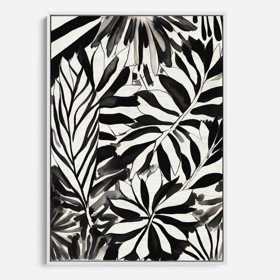 Obraz w ramie 70x100 - Czarne Liście - akwarelowy obraz, czarno biały - rama biała