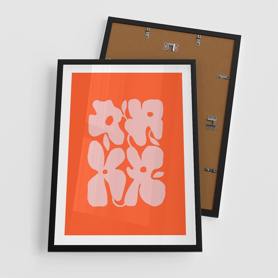 Plakat w ramie 50x70 - Taniec Abstrakcji - kwiaty, energetyczne pomarańczowe tłó - rama czarna