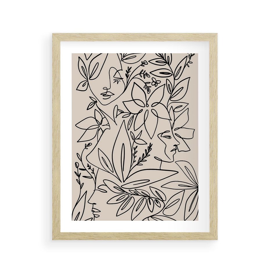 Plakat w ramie 40x50 - Kobiecy Portret Duszy - beżowe tło, czarny szkic nowoczesnych kwiatów - rama drewno