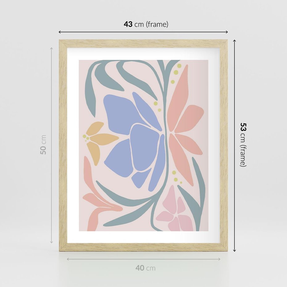 Plakat w ramie 40x50 - Pastele Kwiatowych Plam - pastelowe kwiaty, na beżowym tle - rama drewno