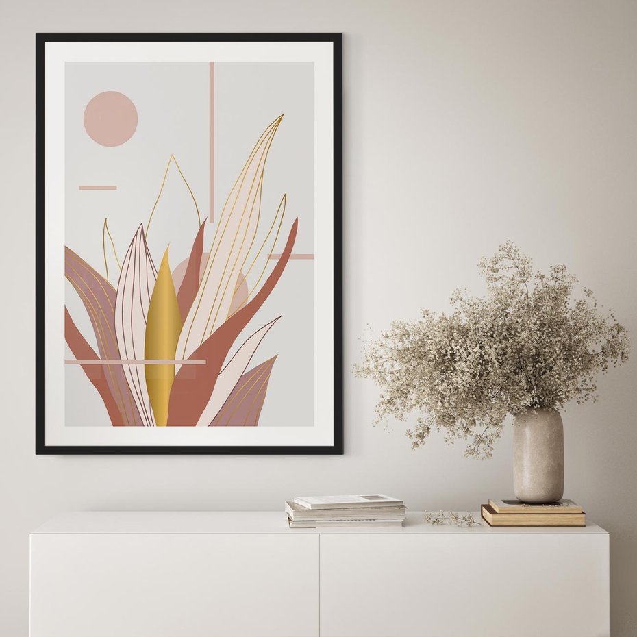 Plakat w ramie 30x40 - Złota Grafika Liści: Wyjątkowa Dekoracja - liście, złoto - rama czarna