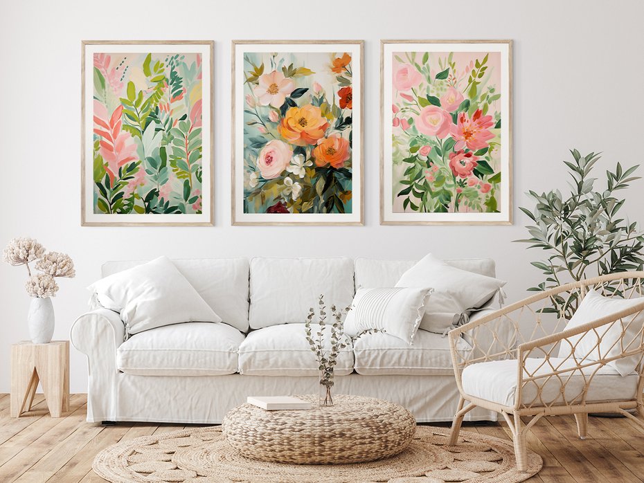 Zestaw obrazy w ramie 30x40 galeria - kwiaty, akwarela, pastele, liście - rama drewno