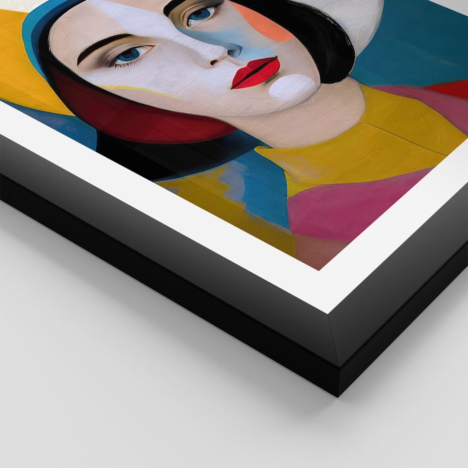 Plakat w ramie 40x50 - Kształtujące Widzenia - abstrakcyjny obraz olejny, portret twarzy kobiety - rama czarna