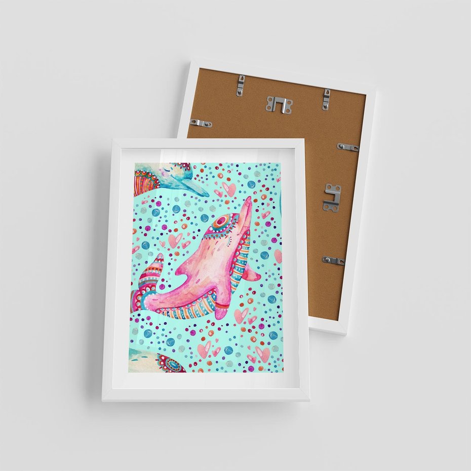 Plakat w ramie 30x40 - Lekkość W Ruchu - delfin, akwarela - rama biała