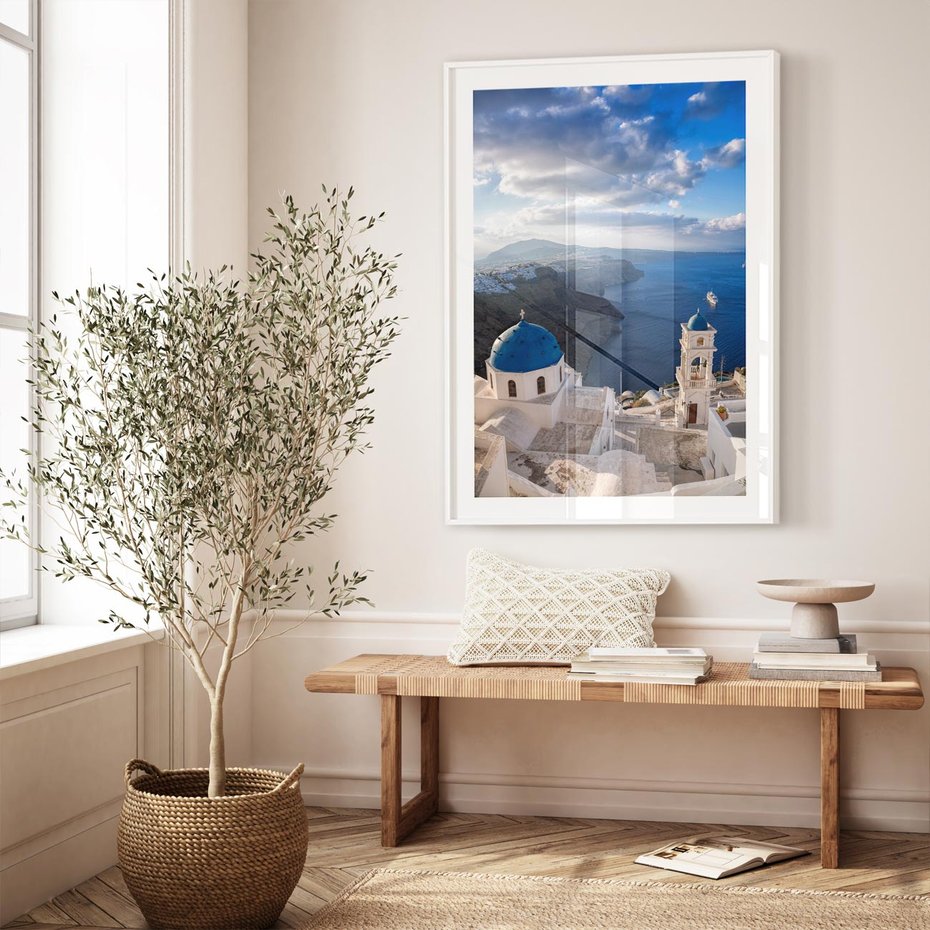 Plakat w ramie 50x70 - Błękitne Przezycia - Santorini, morze - rama biała