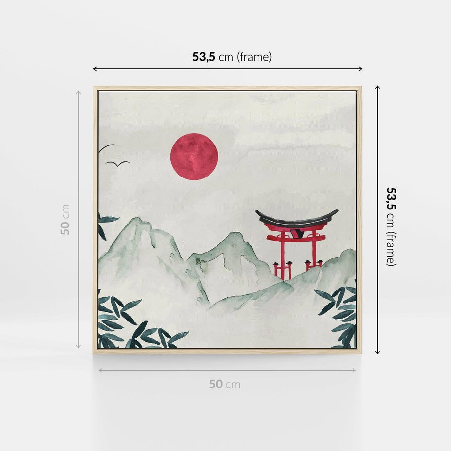 Obraz w ramie 50x50 - Słońce nad Górami - japoński krajobraz, góry - rama drewno