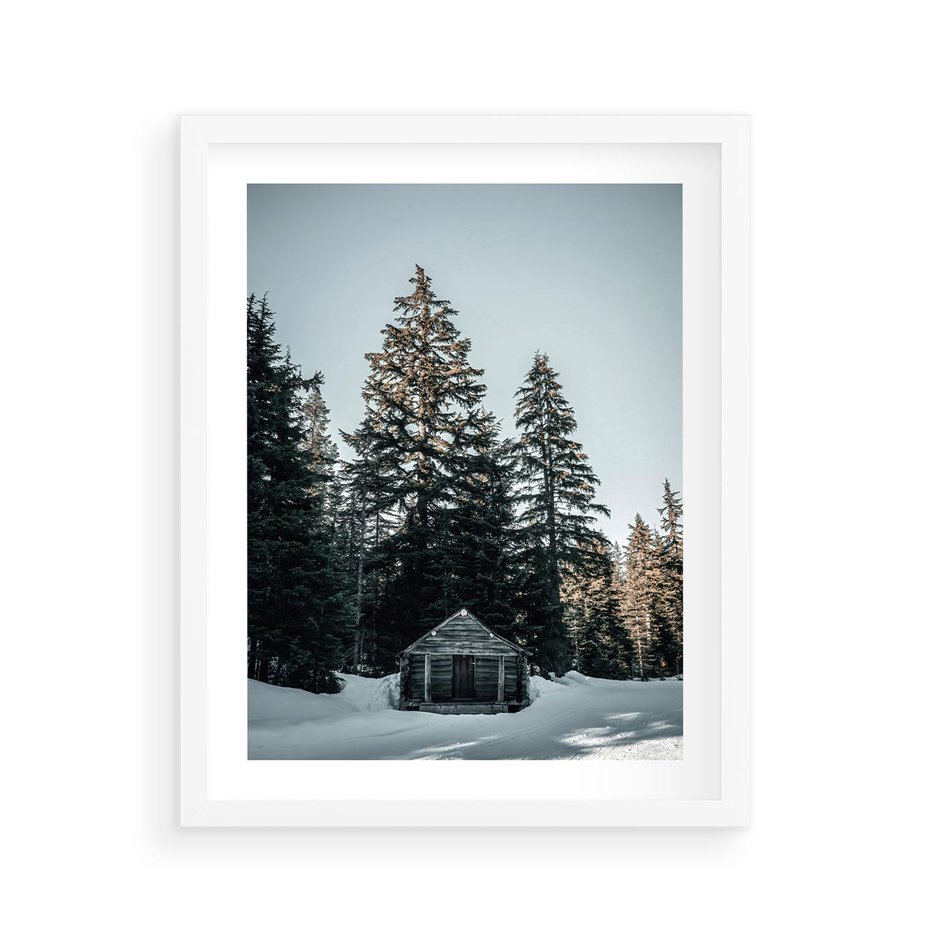 Plakat w ramie 40x50 - Chatka w Górach w Czasie Zimy - chatka w górach, zima - rama biała