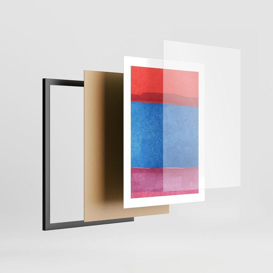 Plakat w ramie 30x40 - Migocące Formy - kolorowe akwarelowe pasy, odcienie czerwień - rama czarna