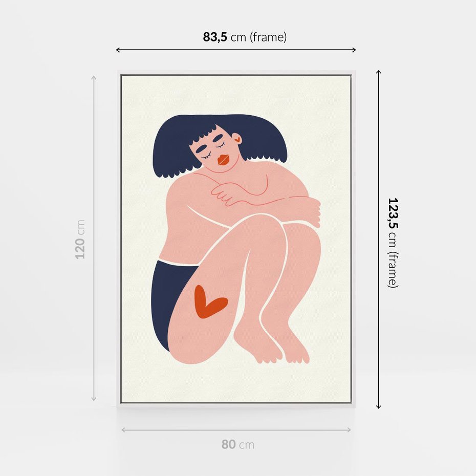 Obraz w ramie 80x120 - Melodia snów na płótnie - zakochana kobieta, graficzny obraz - rama biała