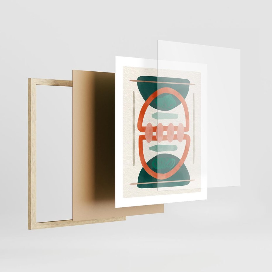 Plakat w ramie 40x50 - Oryginalny obraz abstrakcyjny w nowoczesnym stylu. Geometryczne akwarelowe kształty w intensywnych odcieniach zieleni i pomarańczu. Doskonała dekoracja dla miłośników sztuki. - abstrakcyjny obraz, sztuka nowoczesna - rama drewno