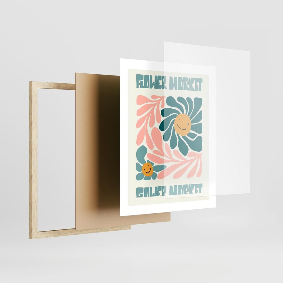 Plakat w ramie 40x50 - Harmonia płatków kwiatów - kwiatowa retro kompozycja, pastelowe kolory - rama drewno