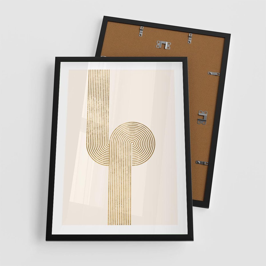 Plakat w ramie 50x70 - Podróżne Kształty - geometryczne linie w złotym kolorze, minimalizm - rama czarna