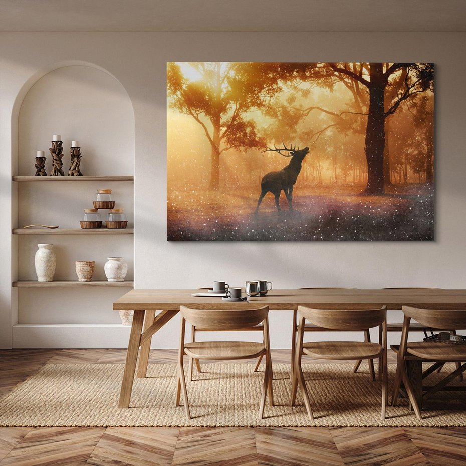 Obraz na płótnie 70x50 - Spotkanie jelena w lesie - jeleń, las