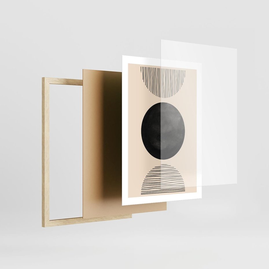 Plakat w ramie 50x70 - Minimalizm w Kształtach - geometryczny graficzny obraz, czarne koło - rama drewno
