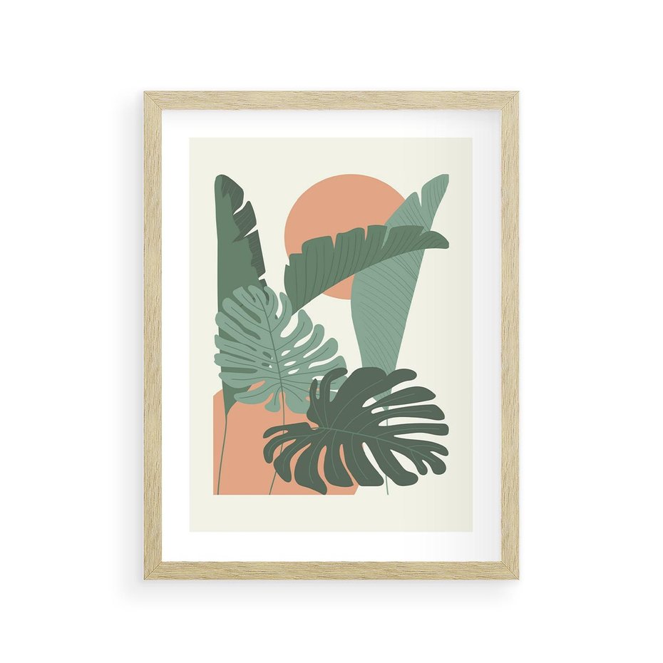 Plakat w ramie 30x40 - Abstrakcyjne Tropiki - liście, rośliny tropikalne w graficznym stylu - rama drewno