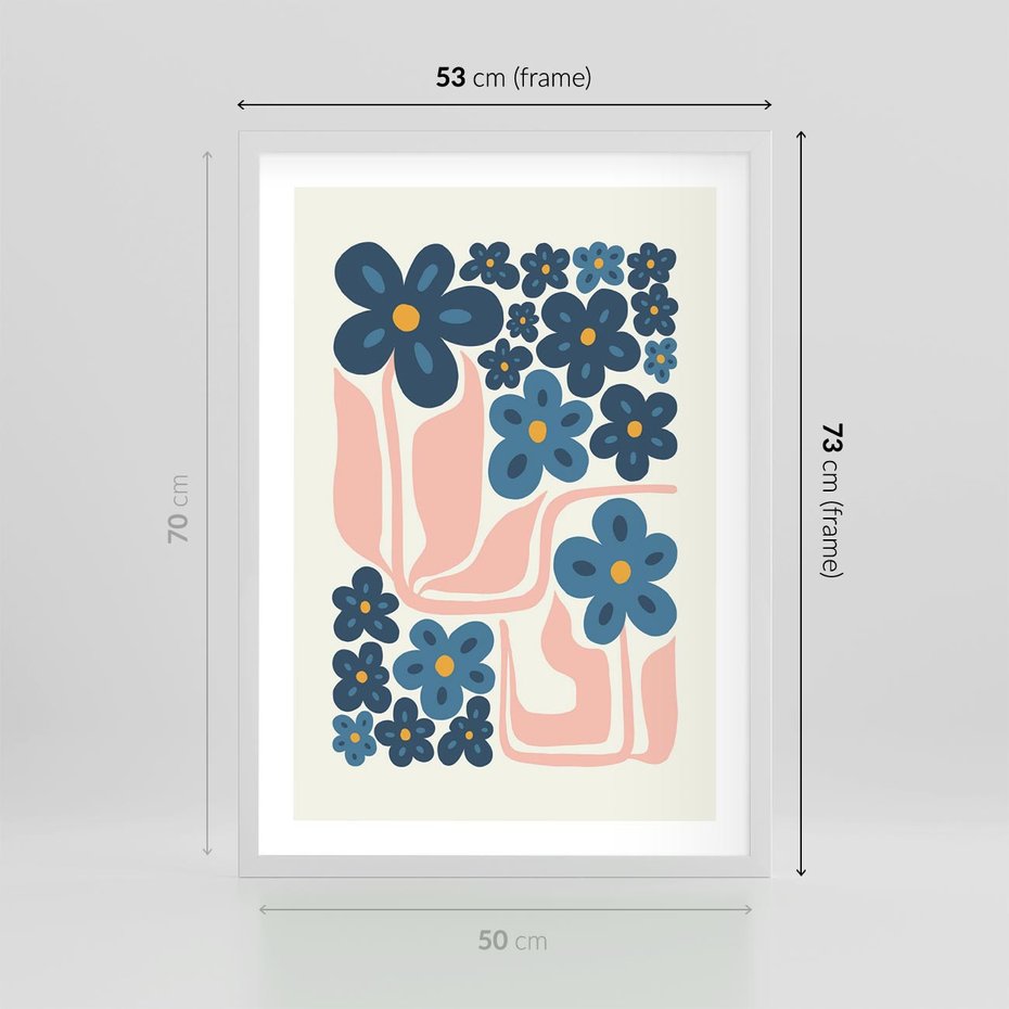 Plakat w ramie 50x70 - Niebieskie Refleksje - niebieskie kwiaty, niezapominajki - rama biała