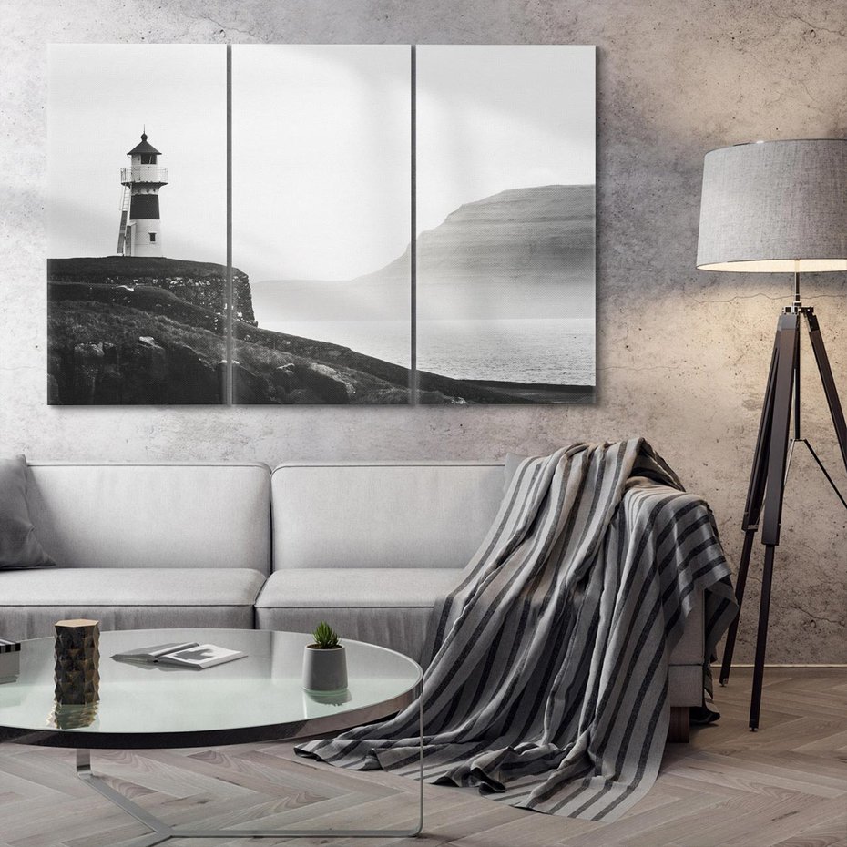 Obraz na płótnie 120x80 - Melancholia Północy - czarnobiała fotografia, nadmorska latarnia na klifie