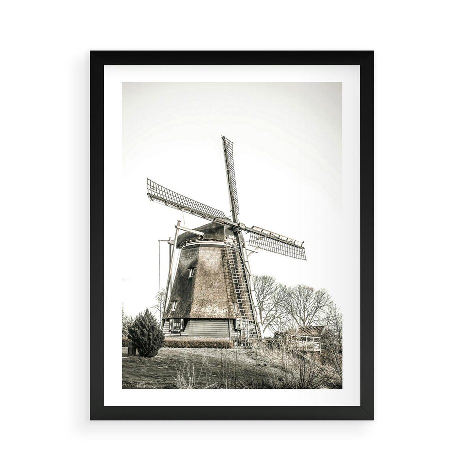 Plakat w ramie 50x70 - Wiejska Idylla z Młynem - wiatrak, młyn - rama czarna