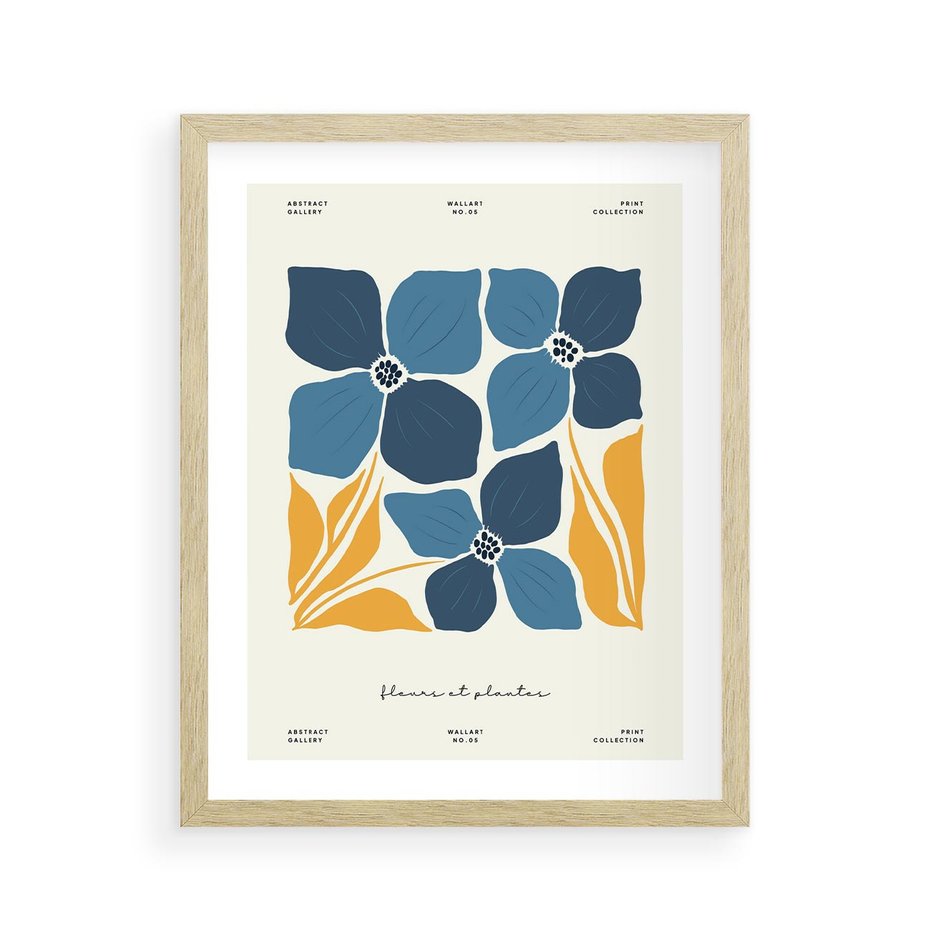 Plakat w ramie 40x50 - Błękitne Nowości - niebieskie kwiaty, nowoczesna sztuka - rama drewno