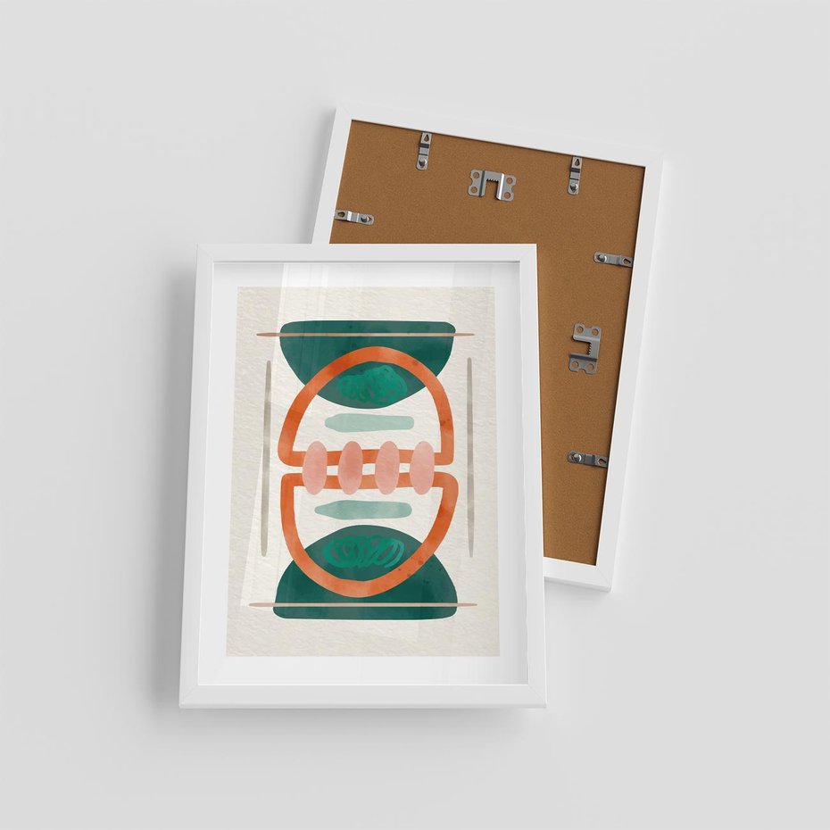 Plakat w ramie 30x40 - Oryginalny obraz abstrakcyjny w nowoczesnym stylu. Geometryczne akwarelowe kształty w intensywnych odcieniach zieleni i pomarańczu. Doskonała dekoracja dla miłośników sztuki. - abstrakcyjny obraz, sztuka nowoczesna - rama biała