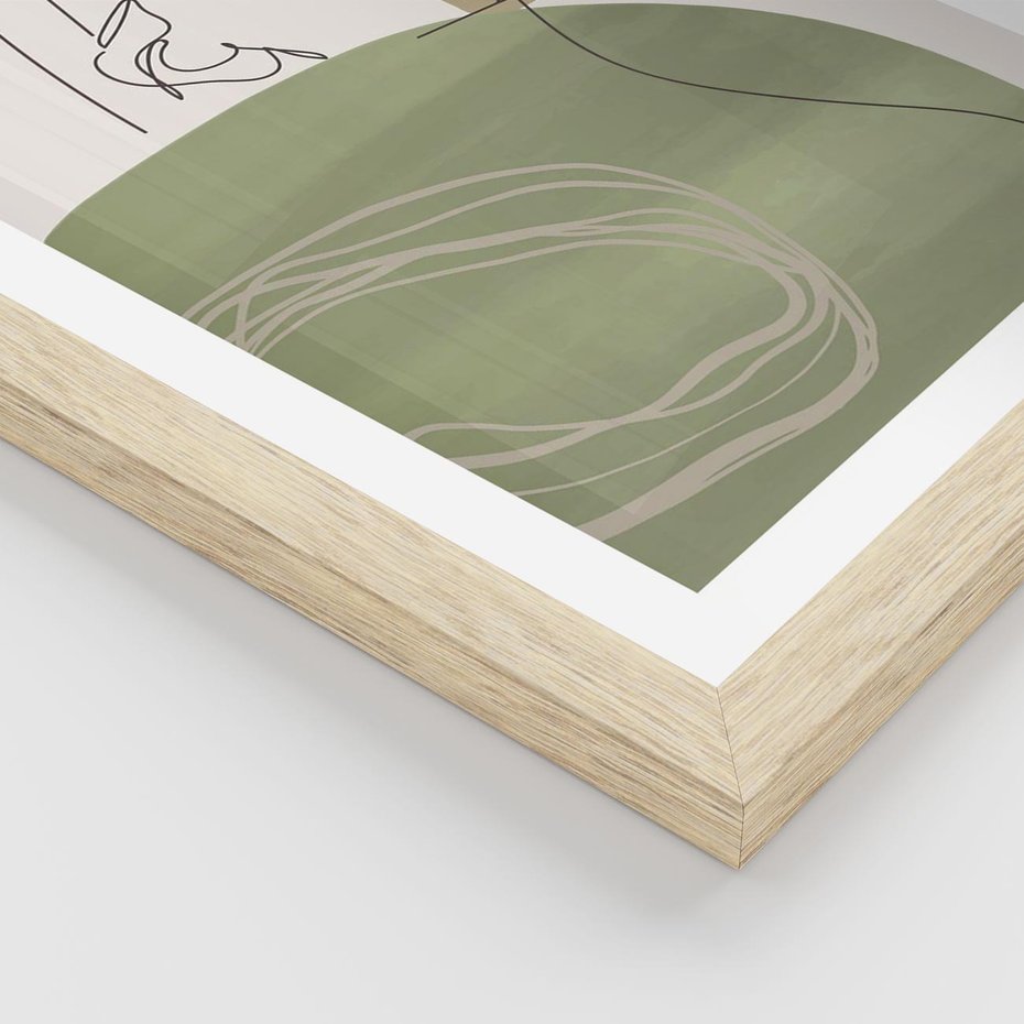 Plakat w ramie 30x40 - Jedna Linia, Wiele Emocji - akwarelowe plamy, na nich szkic postaci kobiety jedną linią - rama drewno