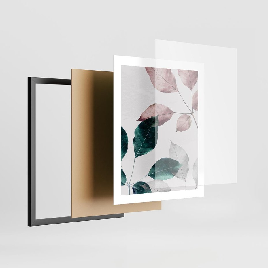 Plakat w ramie 40x50 - Pastelowe Liście w Minimalizmie - pastelowe liście, minimalistyczny obraz - rama czarna