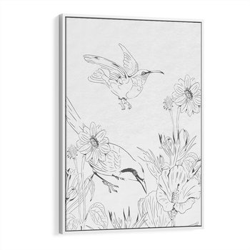 Obraz w ramie 70x100 - Tropiki w Monochromie - czarno biały szkic, tropikalne ptaki - rama biała