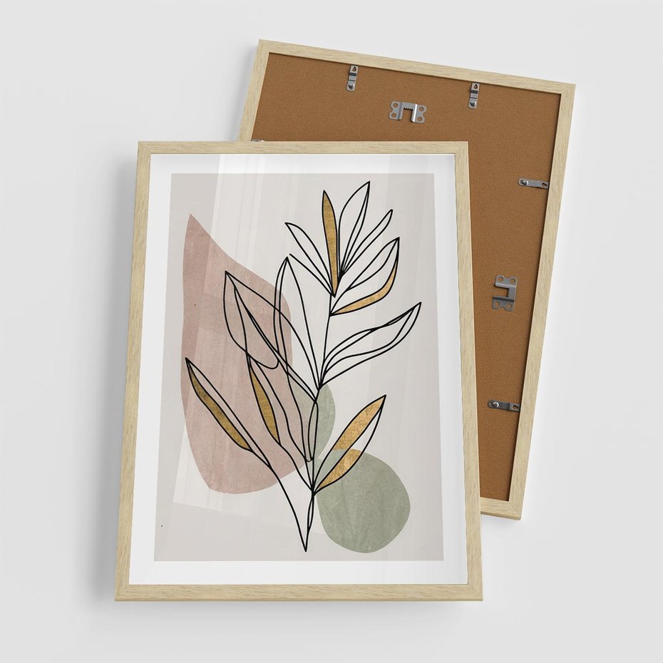 Plakat w ramie 50x70 - Impulsy Subtelnej Harmonii - abstrakcyjny obraz boho, liście - rama drewno